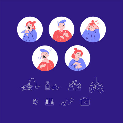Covid-19症状和图标图形集。一男一女出现冠状病毒症状