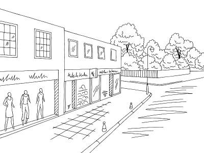 街道道路图形黑白十字路口城市景观素描插图矢量