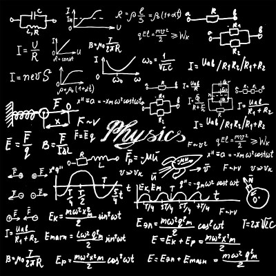 黑板上写满了物理和数学中的科学公式和计算。用于科教领域看台设计的矢量图形。涂鸦风格。