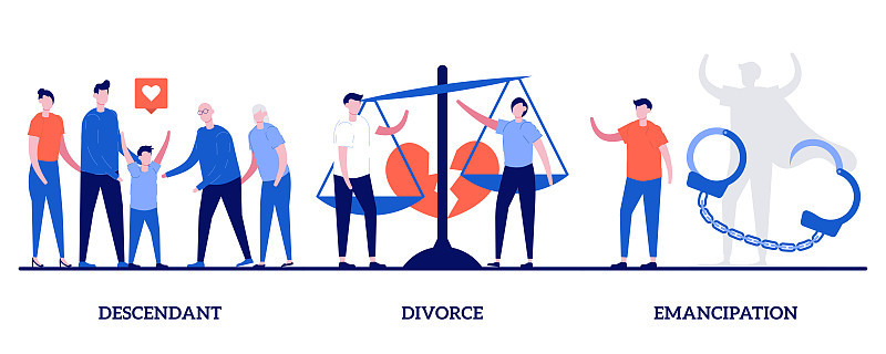 与小人的后代、离婚、解放观念。妻子和丈夫分手抽象矢量插图集。婚姻无效，社会权利，性别平等，社会问题的