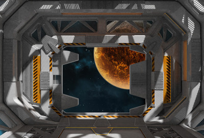宇宙飞船内部。带行星的空间站灰色设计。