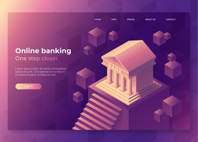 网上银行登陆页面概念。银行的等距图上的几何背景。3 d矢量插图。网上银行和网上支付的概念
