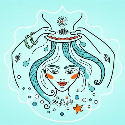 插图的女人水瓶座星座，矢量符号的黄道带。女孩从锅里冲了个澡，洗着长发。洗发标志、纹身、化妆品品牌水标