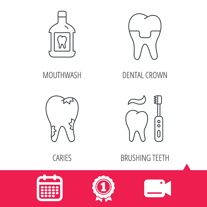 龋齿、牙冠和漱口水图标。