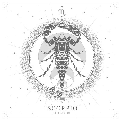 现代魔术魔术卡与天蝎座星座。蝎子插图在多边形风格