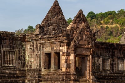 Vat Phou khmer寺庙废墟在Champasak，老挝