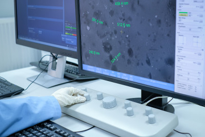 科学家在实验室用扫描电子显微镜(SEM)分析纳米材料(ฺ显示由天然化合物产生的纳米银)