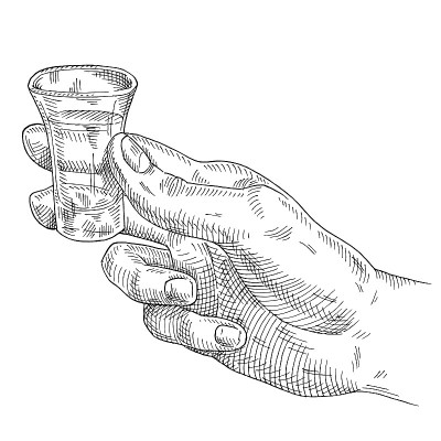 男手捧着龙舌兰杯。复古黑色孵化插图