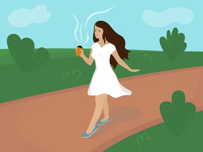 一个年轻的女人正穿过公园，手里拿着一个纸杯里的咖啡。穿着白色夏装的漂亮女孩。矢量平面插图