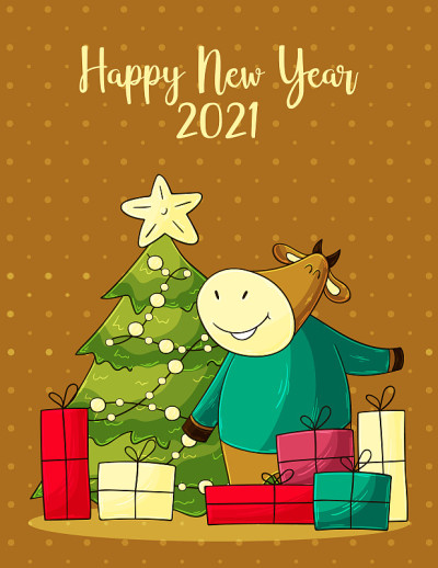 2021年新年快乐儿童插图。中国新年2021年是牛年