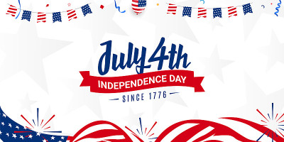 快乐的7月4日，自1776年独立纪念日设计与丝带上的美国挥舞旗帜，烟花背景模板的小册子，海报横幅。矢