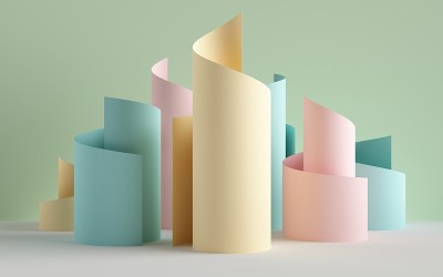 3d渲染，纸丝带卷，抽象形状，蜡笔时尚背景，漩涡，滚动，卷曲，螺旋，圆柱