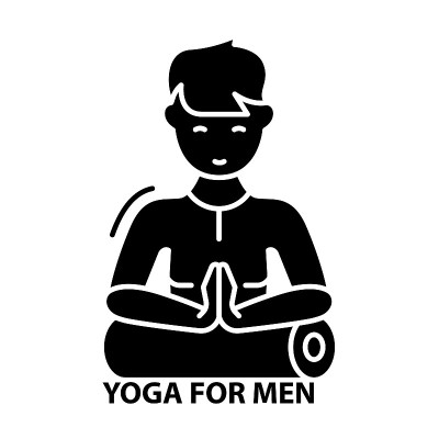 瑜伽男士图标，黑色矢量符号与可编辑的笔触，概念插图