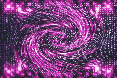 粉色矩阵数字背景。扭曲的网络空间的概念。人物落入虫洞。入侵矩阵。虚拟现实设计。复杂的算法数据黑客。粉