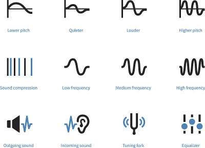Music and audio types duotone icons on white backg