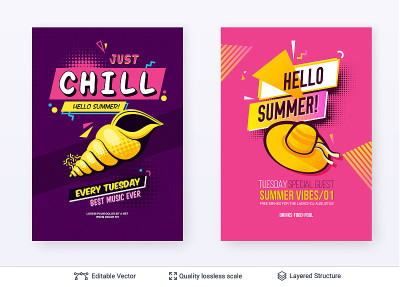 Set of summer season ad posters in pop-art style.