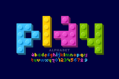 塑料构造块3d字体，玩具字母表字母和数字矢量插图