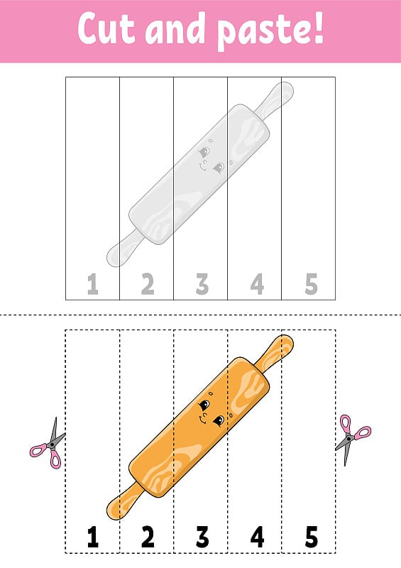 学习数字1 - 5。削减和胶水。卡通人物。教育发展工作表。游戏对孩子。活动页面。彩色分离矢量插图。