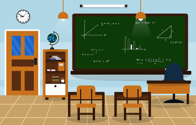 数学学校课堂教室黑板桌子椅子教育插图