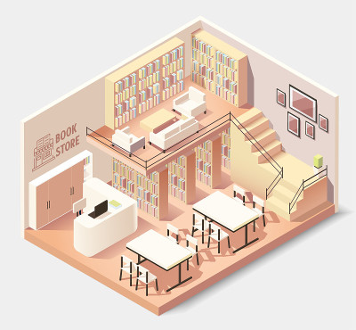 书店或图书馆的等距室内。矢量图