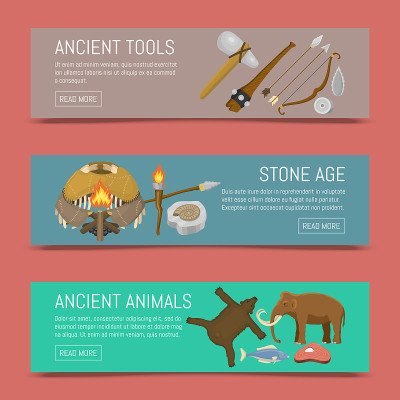 石器时代原始史前生活的旗帜矢量插图。古老的工具和动物。狩猎武器和家用装备。尼安德特人或智人。