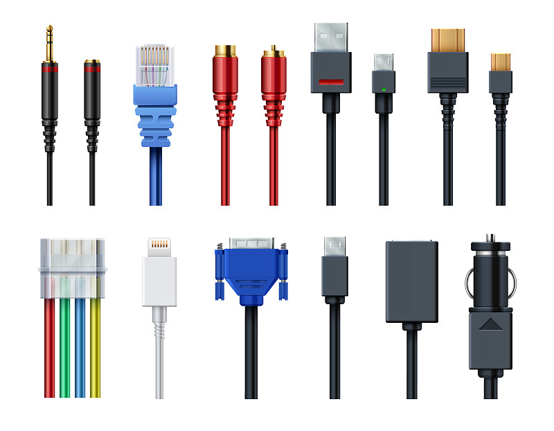 电缆电线计算机视频，音频，usb, hdmi，网络和电连接器和插头矢量集隔离