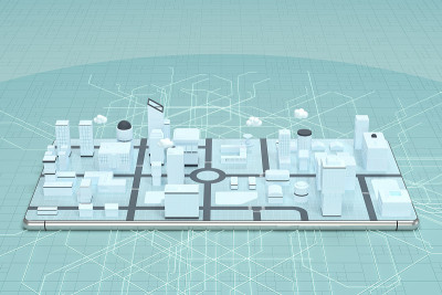 手机屏幕上的3d城市，3d渲染。