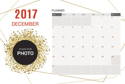 2017年12月计划日历模板。上周星期天开始。
