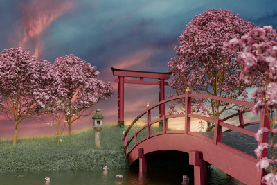 3d渲染日本神道神社被日本樱花树包围
