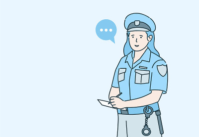女警察发出罚款矢量插图。保安采访目击者或开停车罚单。