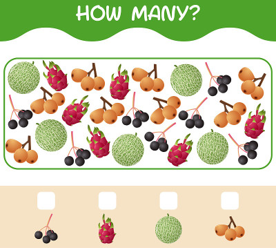 How many cartoon fruits. Counting game. Educationa