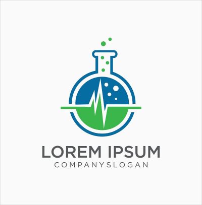 医疗实验室与心率波图标设计模板。设计教育。科学实验室脉冲概念与化学液体。实验室图标设计。科学实验室烧