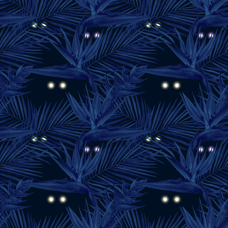 水彩热带野生动物无缝图案。手绘夜间丛林自然，动物眼睛，插画