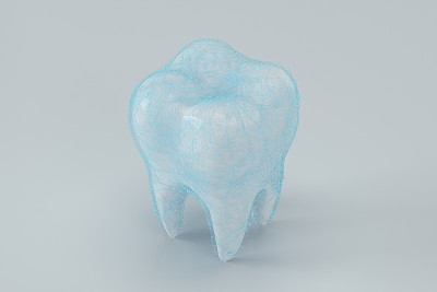 白色牙齿上有蓝色保护膜，3d渲染。