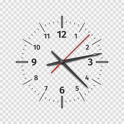 钟面模型。现实石英手表与小时和分针。用第二个箭头和数字进行圆形划分。时间流逝。透明背景上的手表。向量