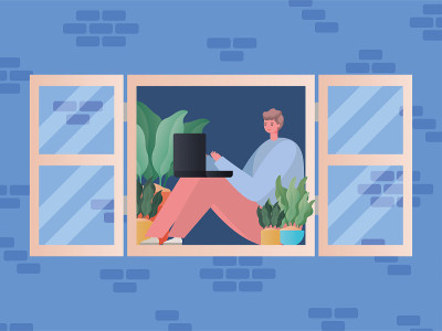 Man with laptop working at window vector design
