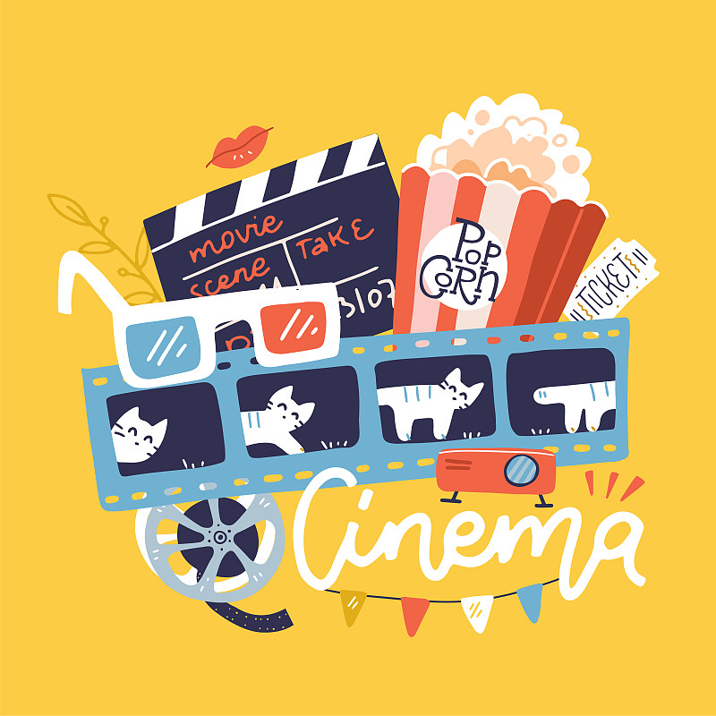 电影院标志与图标集。矢量平面涂鸦明亮的手绘插图。Cinematograph概念横幅设计模板与爆米花，