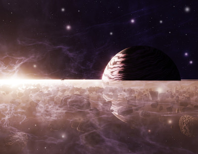 行星土星或木星近距离与陨石环和太阳在霾，3d插图