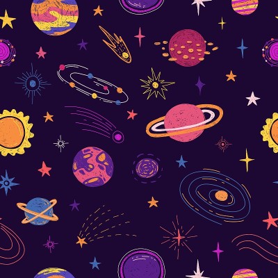 无缝模式与空间元素。卡通风格的壁纸与行星，宇宙和宇宙之星。儿童背景与手绘银河涂鸦风格。向量