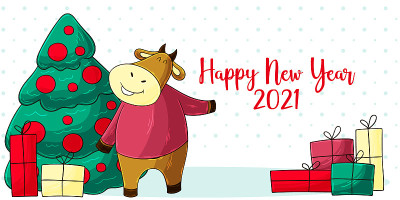 2021新年快乐儿童插画。中国新年牛年2021年