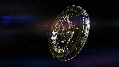一颗明亮的恒星照亮空间站(3d科幻小说渲染)