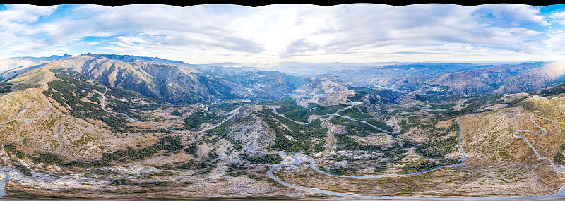 无天空的360度全景鸟瞰图，在Sierra Nevada (Granada)西班牙附近的一条山路上