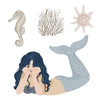 海洋的插图。斜倚着的美人鱼，白色背景上孤立的物体。向量。