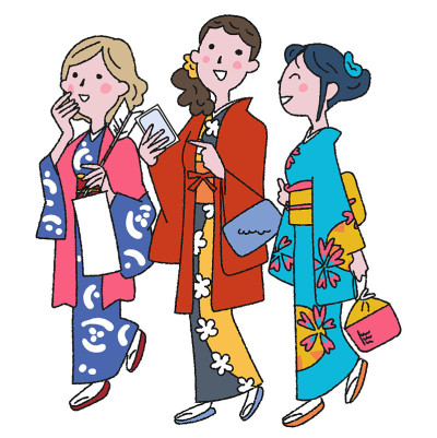A young woman wearing a kimono and going to the sh