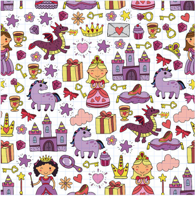 一套涂鸦公主和幻想图标和设计元素的邀请和贺卡。孩子们画的。幼儿园、学前班、学校模式