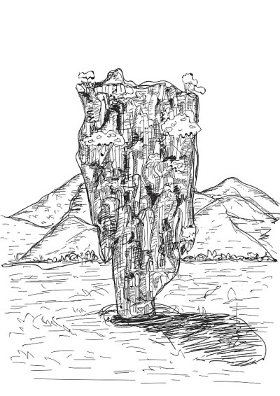 手绘山水画景观。矢量图