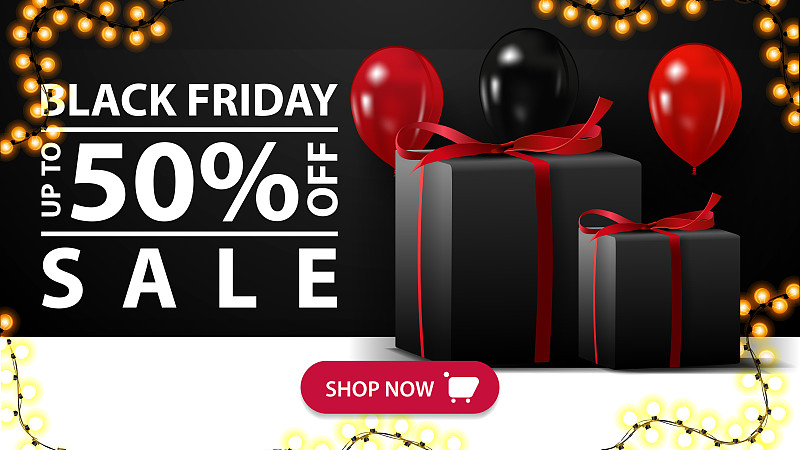 Black friday sale, up to 50% off, black horizontal