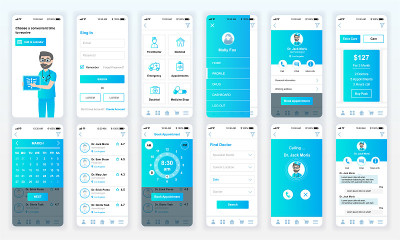 一套UI, UX, GUI屏幕医学应用平面设计模板的移动应用