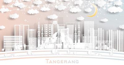 Tangerang印度尼西亚城市天际线剪纸风格的白色建筑，月亮和霓虹花环。