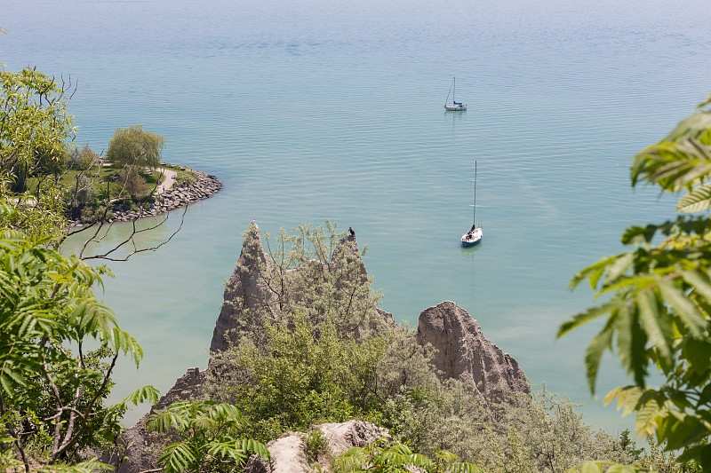 在多伦多的斯卡伯勒悬崖的海湾上的帆船的风景